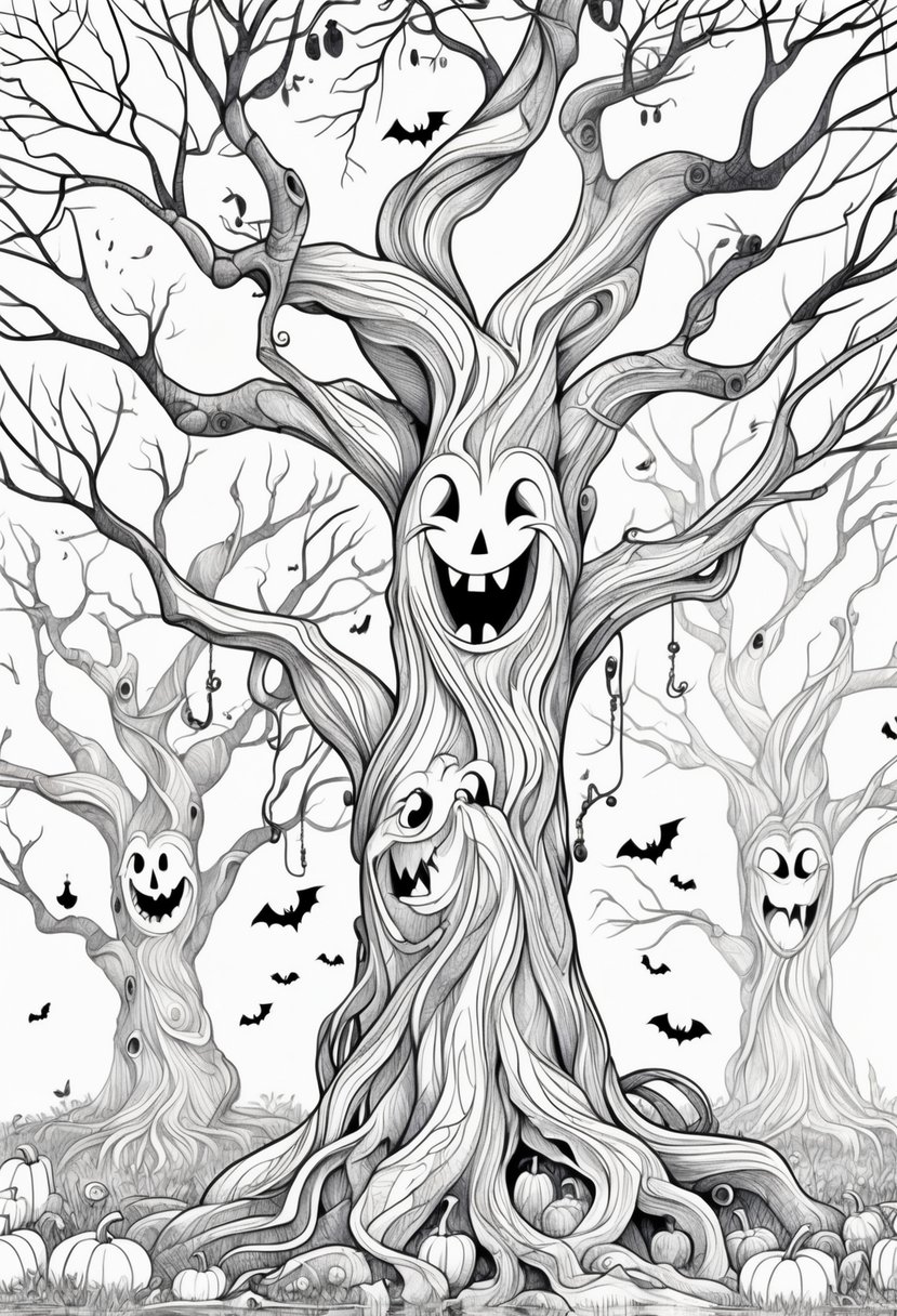 Halloween Coloring Pages for Kids Featuring 16 Cute and Friendly Characters and Scenes 28 A group of spooky trees with smiling faces surrounded by pumpkins, bats, and spider webs.